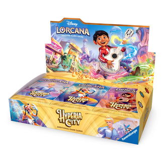 Disney Lorcana Hyperia City (Set 14) booster display box with 24 booster packs, featuring Miguel from Coco – official Ravensburger image